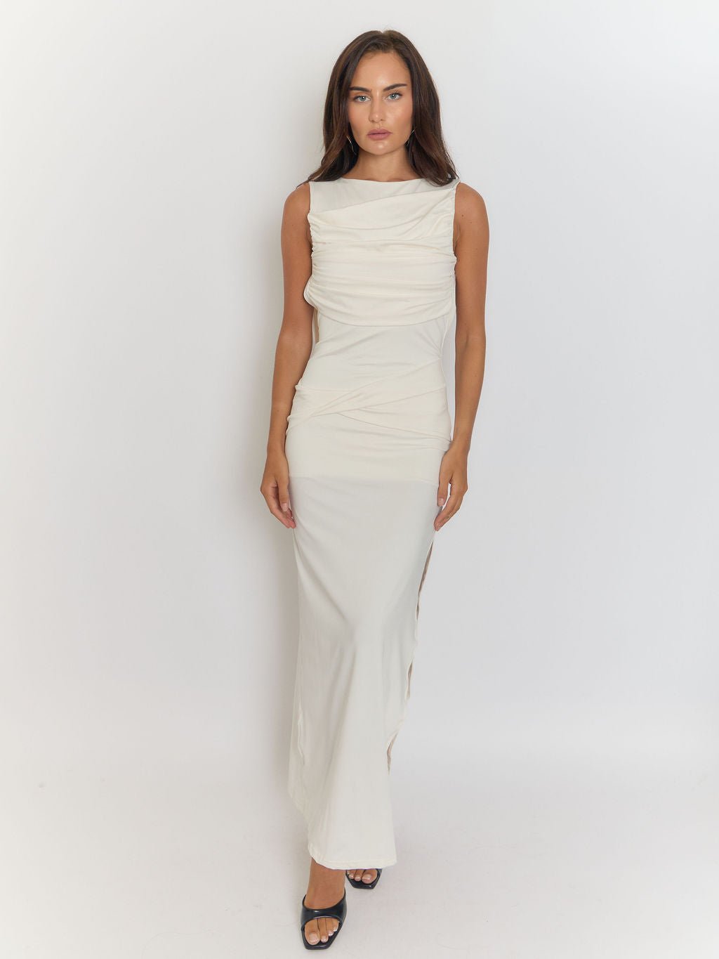 White Sleeveless Ruched Cowl Neck High Split Wrap Drape Bodycon Maxi Dress