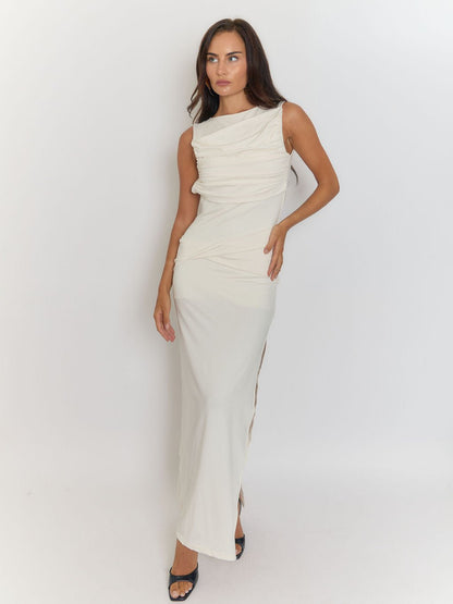 White Sleeveless Ruched Cowl Neck High Split Wrap Drape Bodycon Maxi Dress