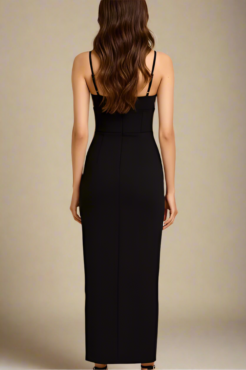 Classic Black Spaghetti Strap Deep V-Neck Corset Bustier High Split Maxi Skirt Two Piece Set