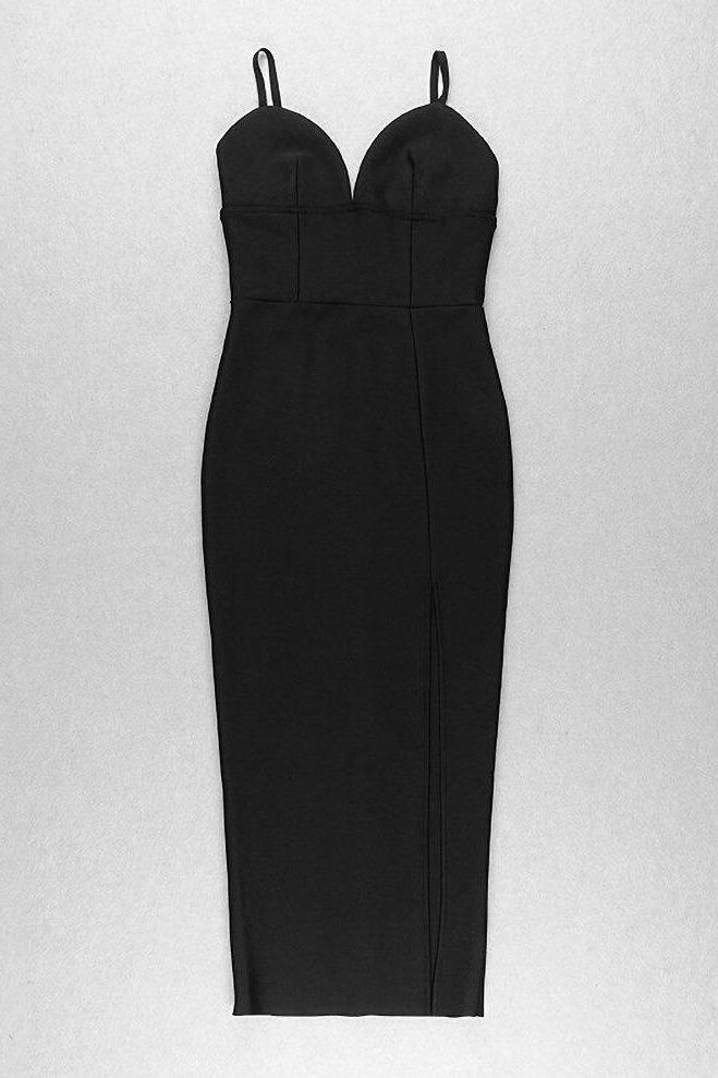 Classic Black Spaghetti Strap Deep V-Neck Corset Bustier High Split Maxi Skirt Two Piece Set