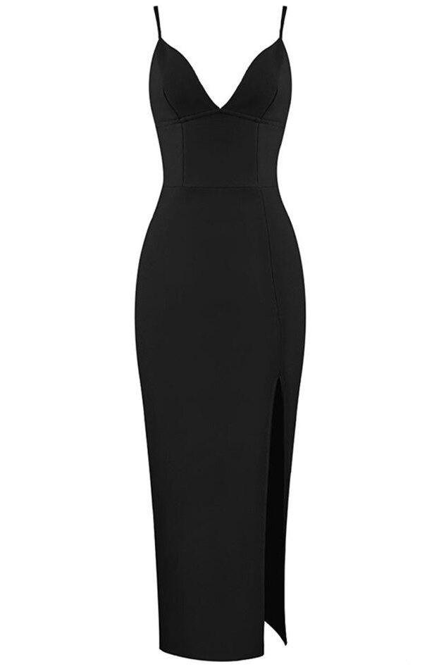 Classic Black Spaghetti Strap Deep V-Neck Corset Bustier High Split Maxi Skirt Two Piece Set