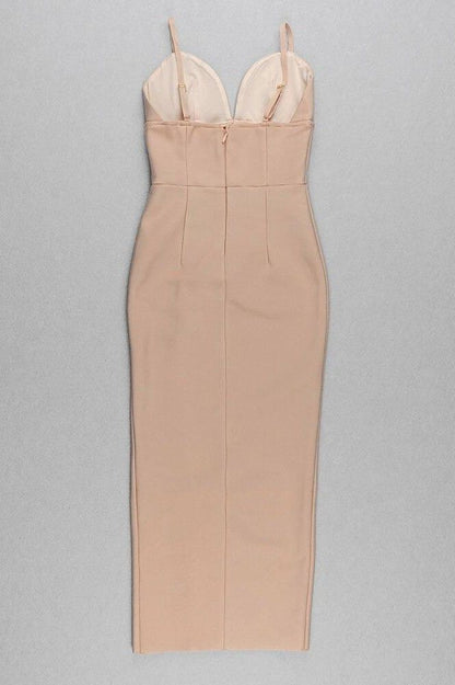 Nude Deep V-Neck Spaghetti Strap Corset High Split Bandage Maxi Dress