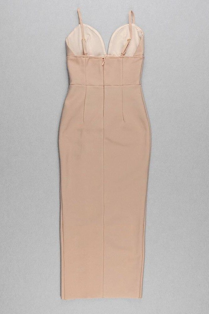 Nude Spaghetti Strap Deep V-Neck Panelled Bandage High Split Maxi Dress