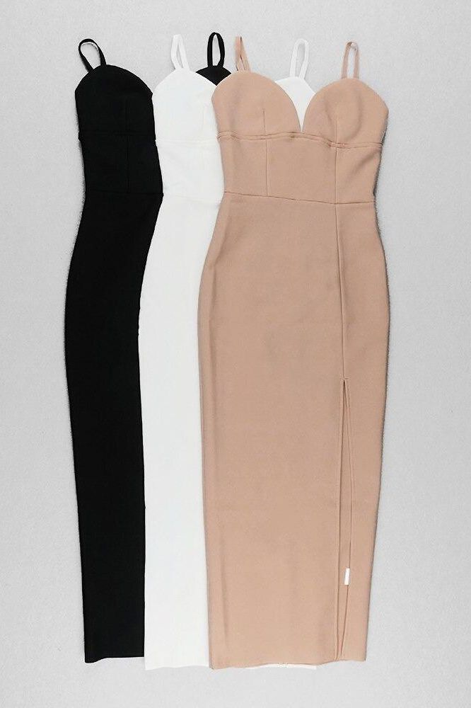 Nude Spaghetti Strap Deep V-Neck Panelled Bandage High Split Maxi Dress