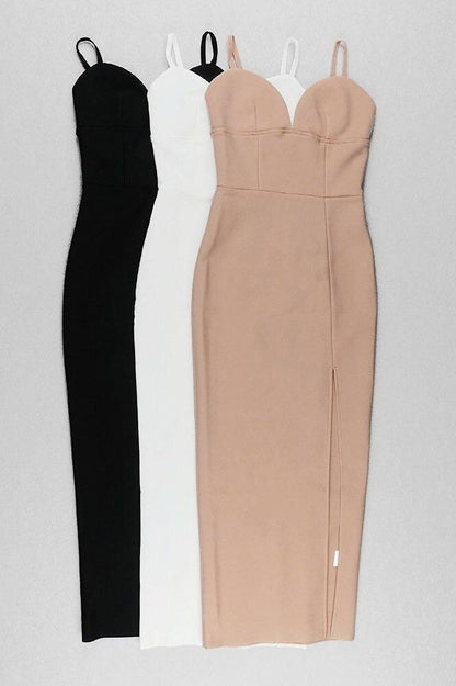Nude Spaghetti Strap Deep V-Neck Panelled Bandage High Split Maxi Dress