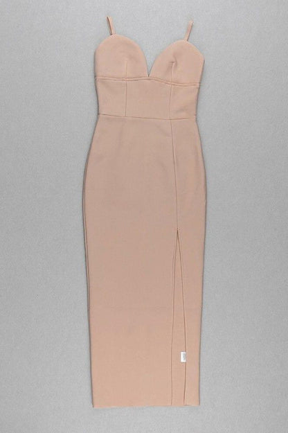 Nude Deep V-Neck Spaghetti Strap Corset High Split Bandage Maxi Dress