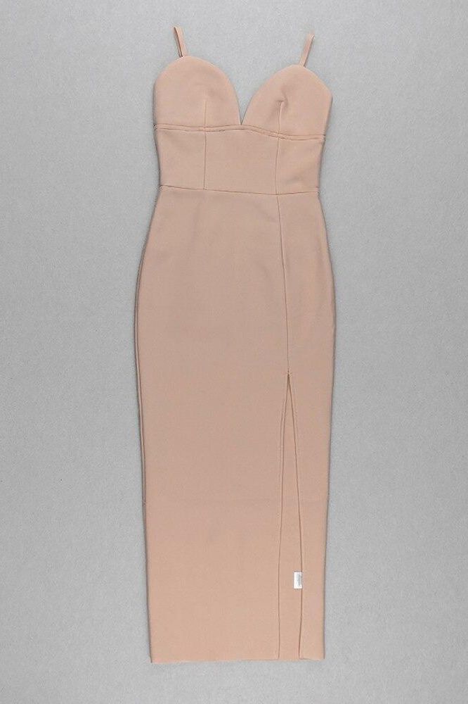 Nude Spaghetti Strap Deep V-Neck Panelled Bandage High Split Maxi Dress
