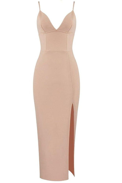 Nude Deep V-Neck Spaghetti Strap Corset High Split Bandage Maxi Dress
