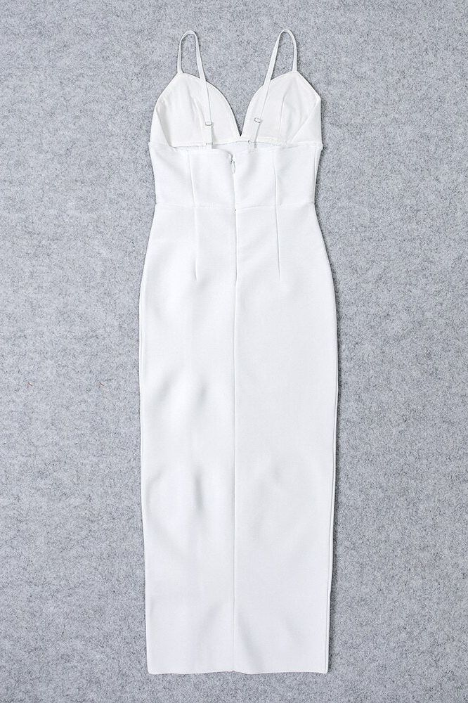 Pearl White Spaghetti Strap Deep V-Neck Corset Bustier High Split Maxi Skirt Two Piece Set