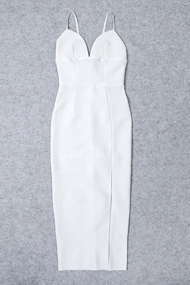 Pearl White Spaghetti Strap Deep V-Neck Corset Bustier High Split Maxi Skirt Two Piece Set
