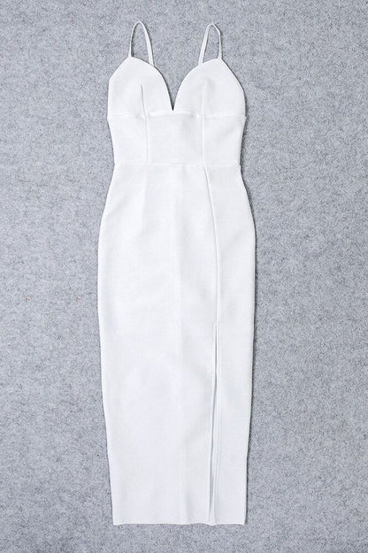 Pearl White Spaghetti Strap Deep V-Neck Corset Bustier High Split Maxi Skirt Two Piece Set