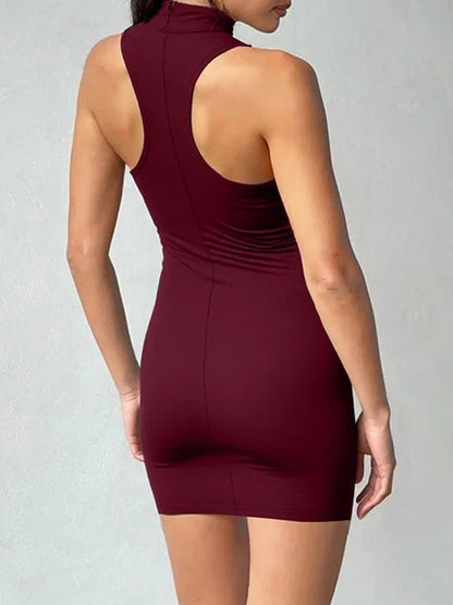 Mock Neck Halter Metal Ring Hardware Bodycon Mini Dress