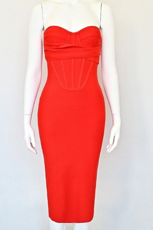 Lipstick Red Strapless Sweetheart Corset Bandage Bodycon Midi Dress