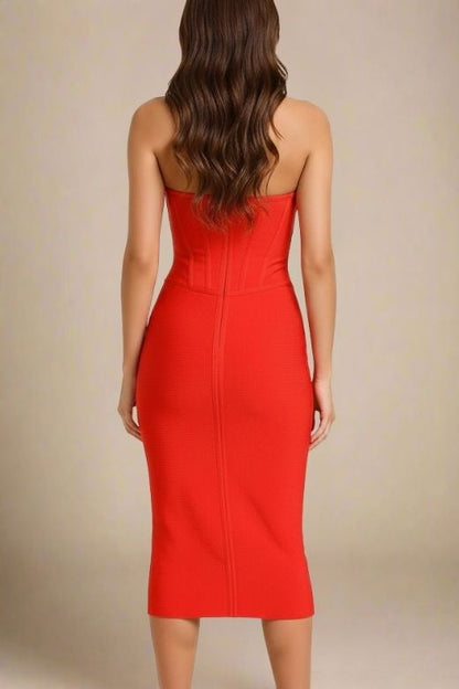 Lipstick Red Strapless Sweetheart Corset Bandage Bodycon Midi Dress