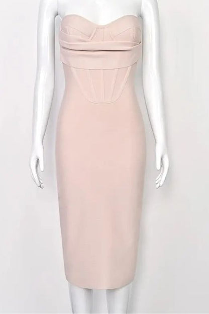 Nude Strapless Corset Bustier Bodycon Midi Dress