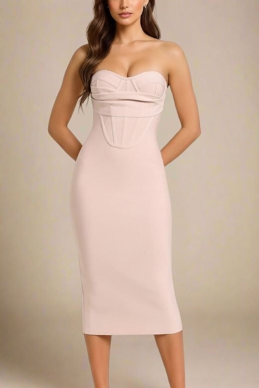 Nude Strapless Corset Bustier Bodycon Midi Dress