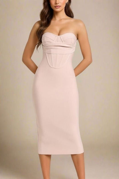 Nude Strapless Corset Bustier Bodycon Midi Dress
