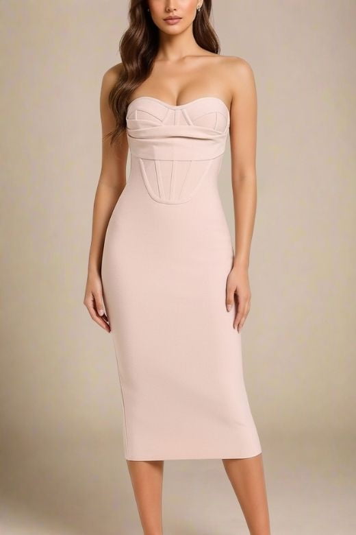 Nude Strapless Corset Bustier Bodycon Midi Dress