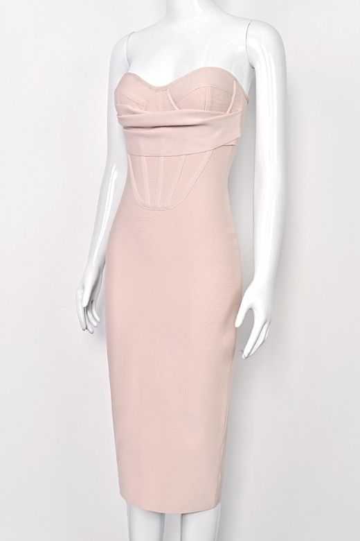 Nude Strapless Corset Bustier Bodycon Midi Dress