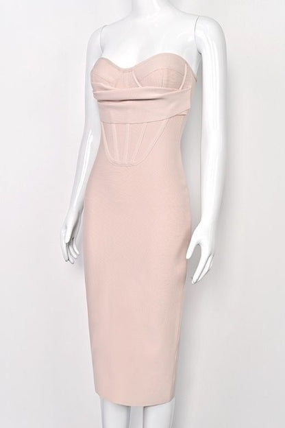 Nude Strapless Corset Bustier Bodycon Midi Dress