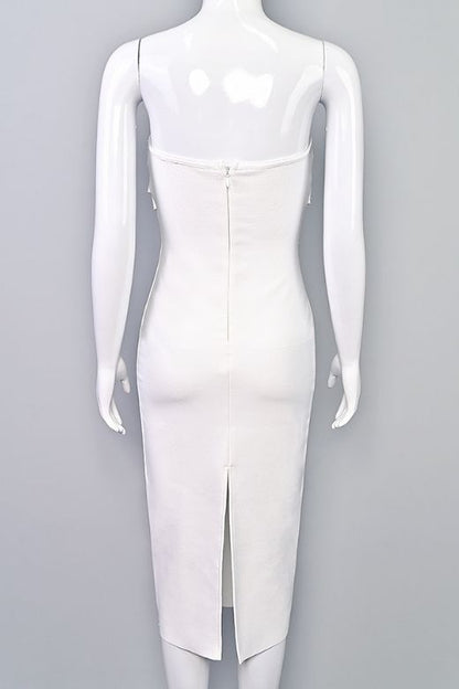 Pearl White Strapless Corset Bustier Bodycon Midi Dress