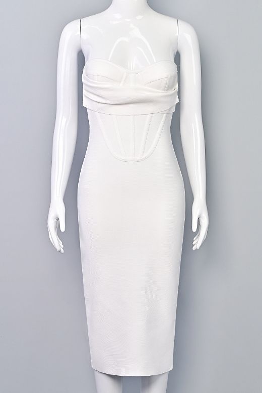 Pearl White Strapless Corset Bustier Bodycon Midi Dress