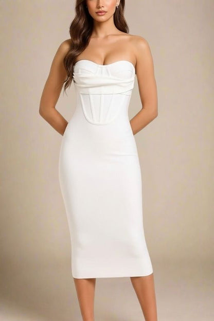 Pearl White Strapless Corset Bustier Bodycon Midi Dress