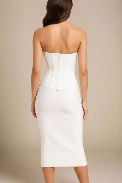 Pearl White Strapless Corset Bustier Bodycon Midi Dress