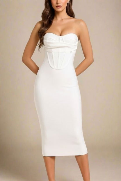 Pearl White Strapless Corset Bustier Bodycon Midi Dress