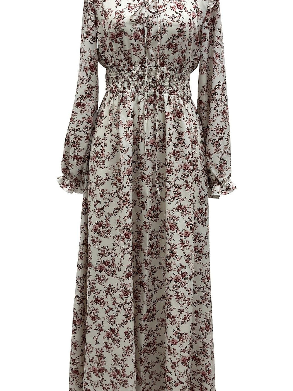 Multi Floral Print Ruffle Collar V-Neck Long Sleeve Smocked Waist A-Line Maxi Dress