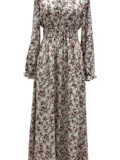 Multi Floral Print Ruffle Collar V-Neck Long Sleeve Smocked Waist A-Line Maxi Dress