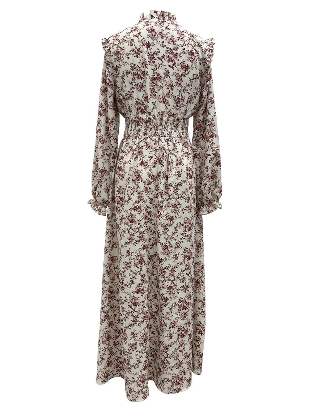 Multi Floral Print Ruffle Collar V-Neck Long Sleeve Smocked Waist A-Line Maxi Dress