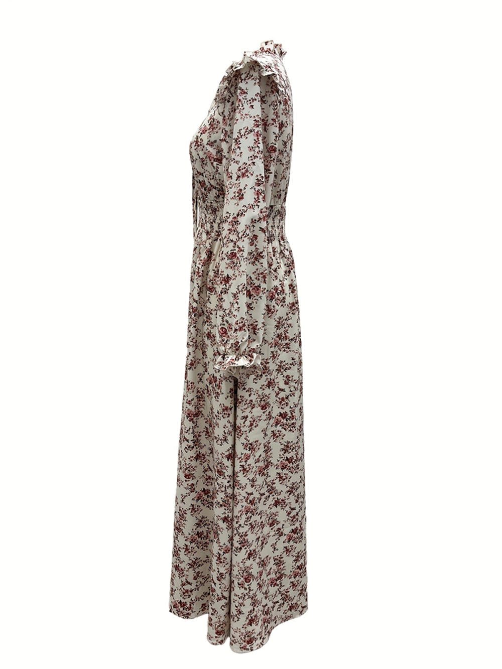 Multi Floral Print Ruffle Collar V-Neck Long Sleeve Smocked Waist A-Line Maxi Dress
