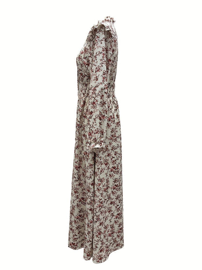 Multi Floral Print Ruffle Collar V-Neck Long Sleeve Smocked Waist A-Line Maxi Dress