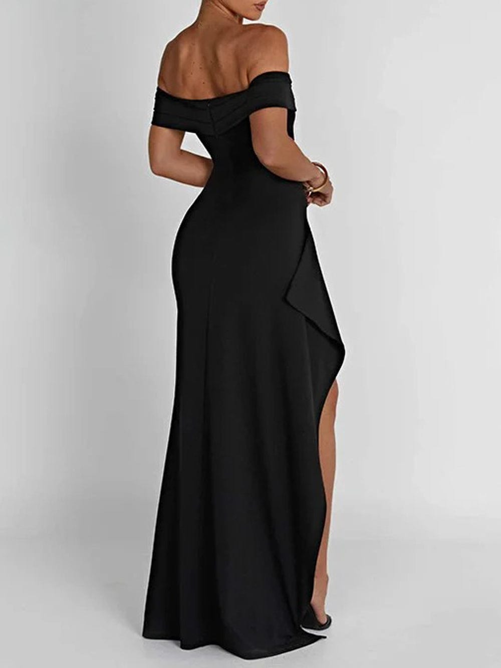 Black Off Shoulder Ruched Hip High Split Column Maxi Dress
