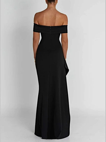 Black Off Shoulder Ruched Hip High Split Column Maxi Dress
