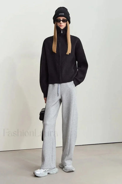 Minimalist Zipper Wool Ribbed Cardigan