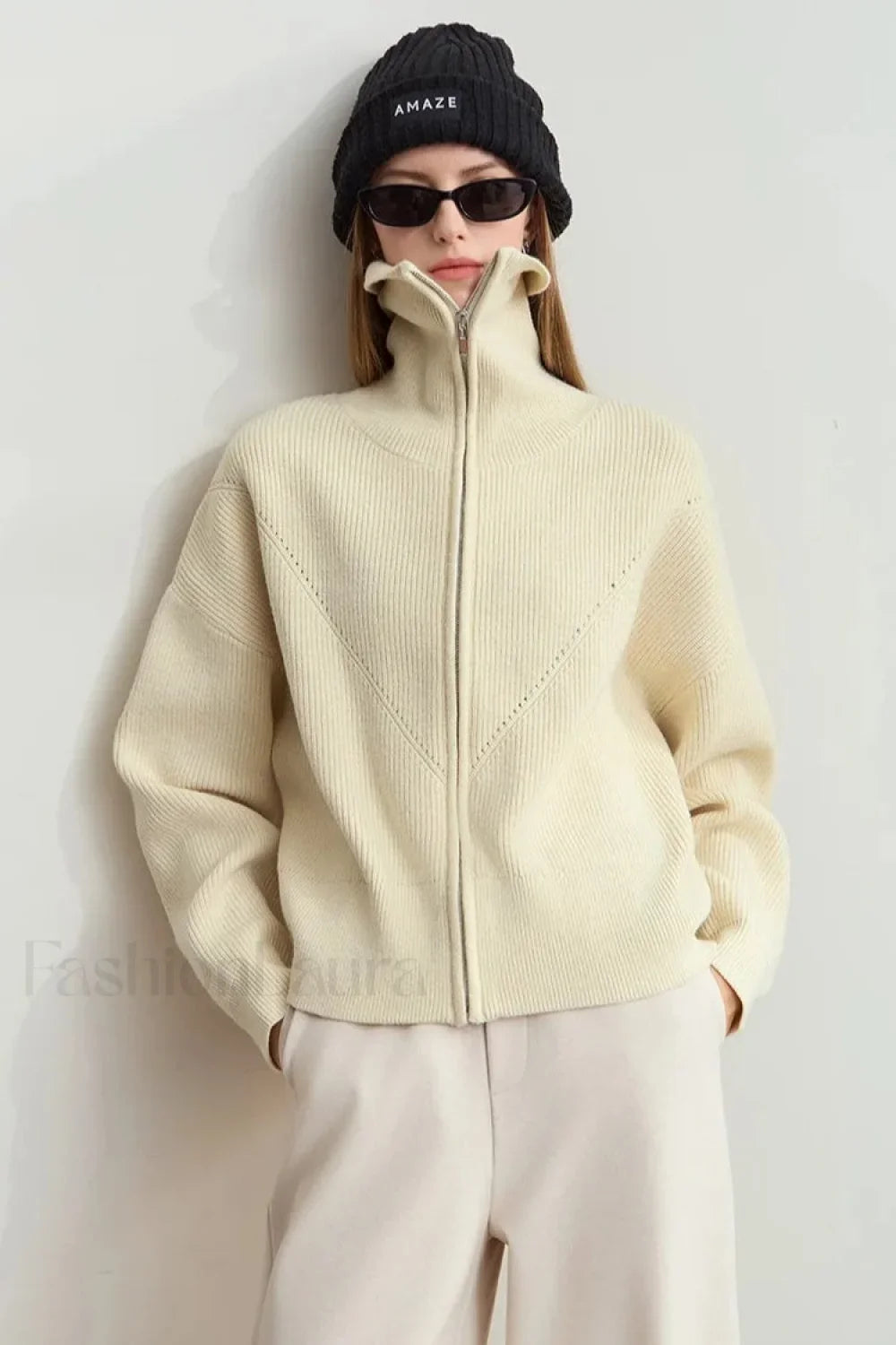 Minimalist Zipper Wool Ribbed Cardigan