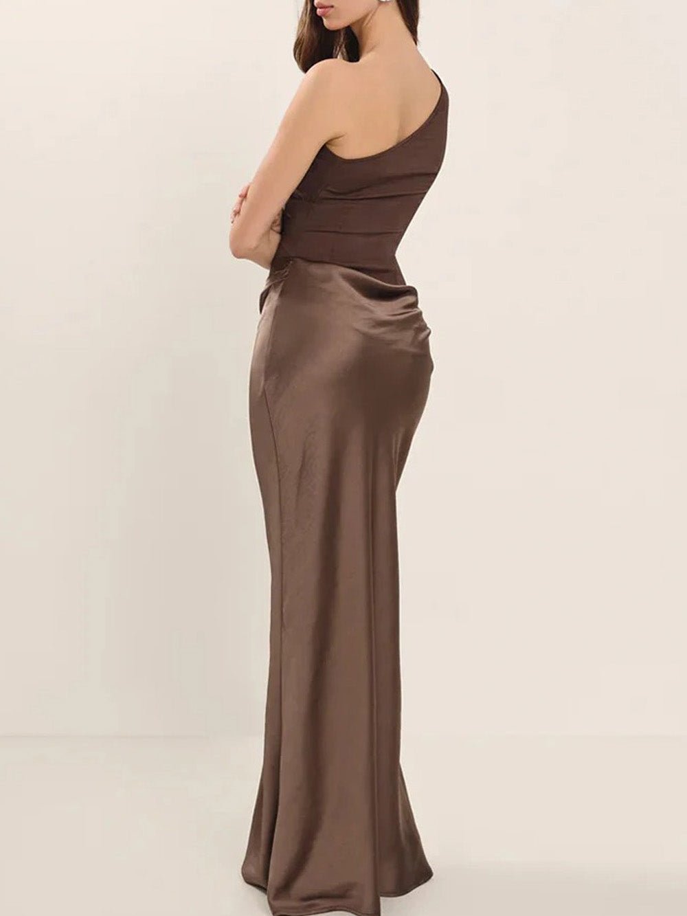 Brown Satin One Shoulder Matte Panel Hip Drape Column Maxi Gown