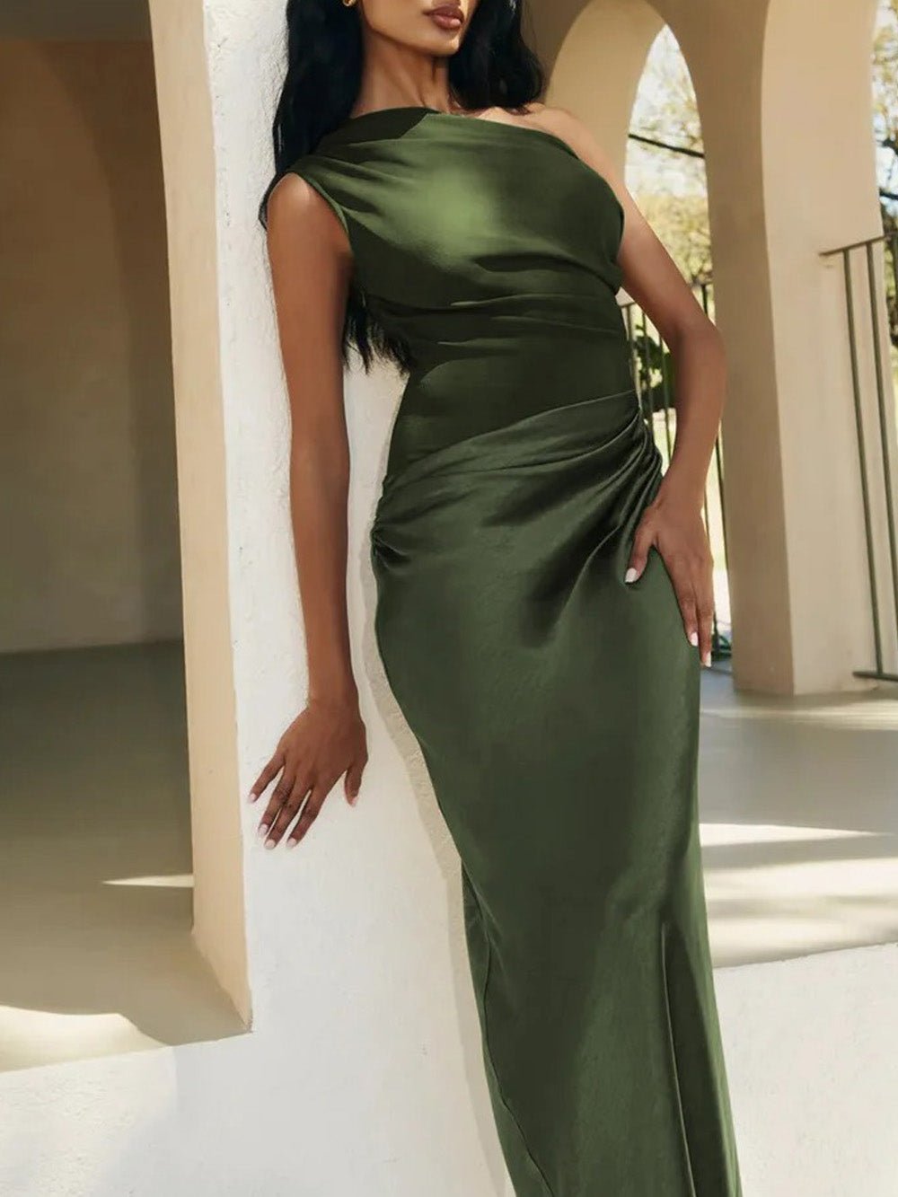 Green Satin One Shoulder Matte Panel Hip Drape Column Maxi Gown