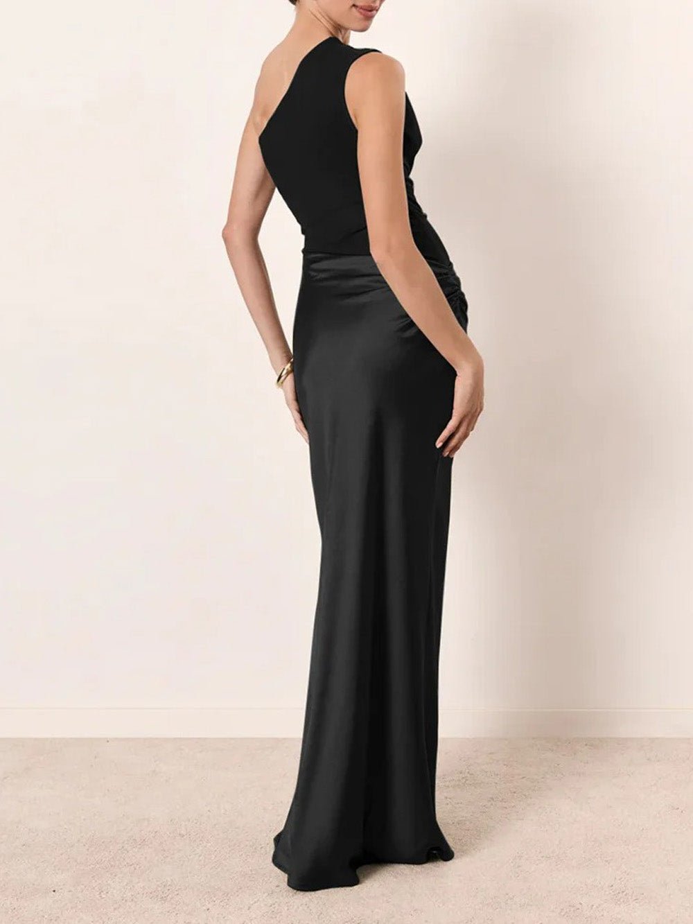 Black Satin One Shoulder Matte Panel Hip Drape Column Maxi Gown