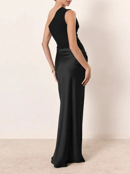 Black Satin One Shoulder Matte Panel Hip Drape Column Maxi Gown