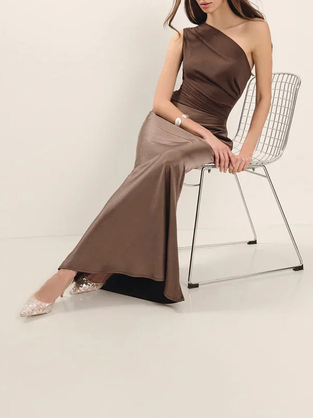 Brown Satin One Shoulder Matte Panel Hip Drape Column Maxi Gown