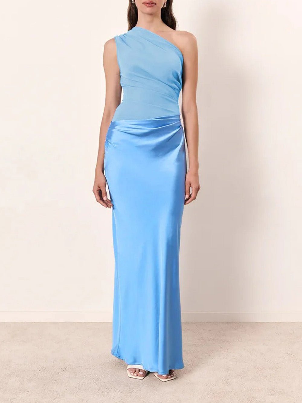 Blue Satin One Shoulder Matte Panel Hip Drape Column Maxi Gown