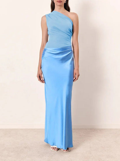 Blue Satin One Shoulder Matte Panel Hip Drape Column Maxi Gown