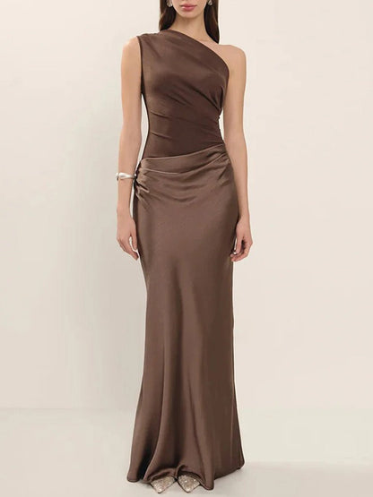Brown Satin One Shoulder Matte Panel Hip Drape Column Maxi Gown