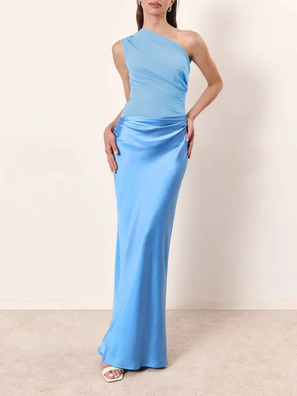 Blue Satin One Shoulder Matte Panel Hip Drape Column Maxi Gown