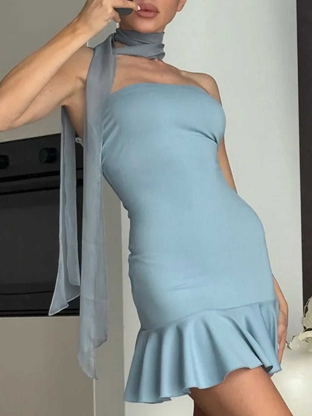 Strapless Neck Scarf Ruffle Hem Bodycon Mini Dress