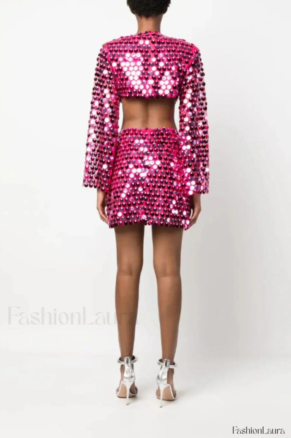 Mirror-Embellished Elegant Cutout Dress