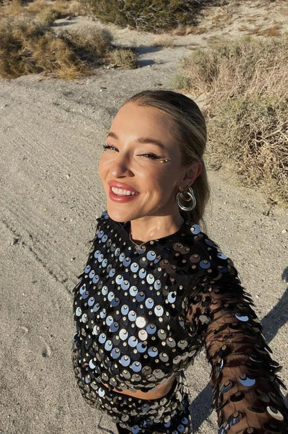 Mirror-Embellished Elegant Cutout Dress